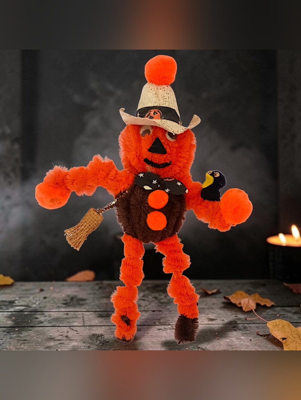 Vtg 70s Pumpkin Halloween Magnet Chenille Pipe Cleaner Scarecrow Googly Eyes